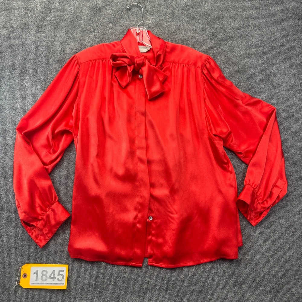 Vtg EVAN-PICONE Shirt Top Womens 12 Red Pus*y Tie Neck Long Sleeve Button Front